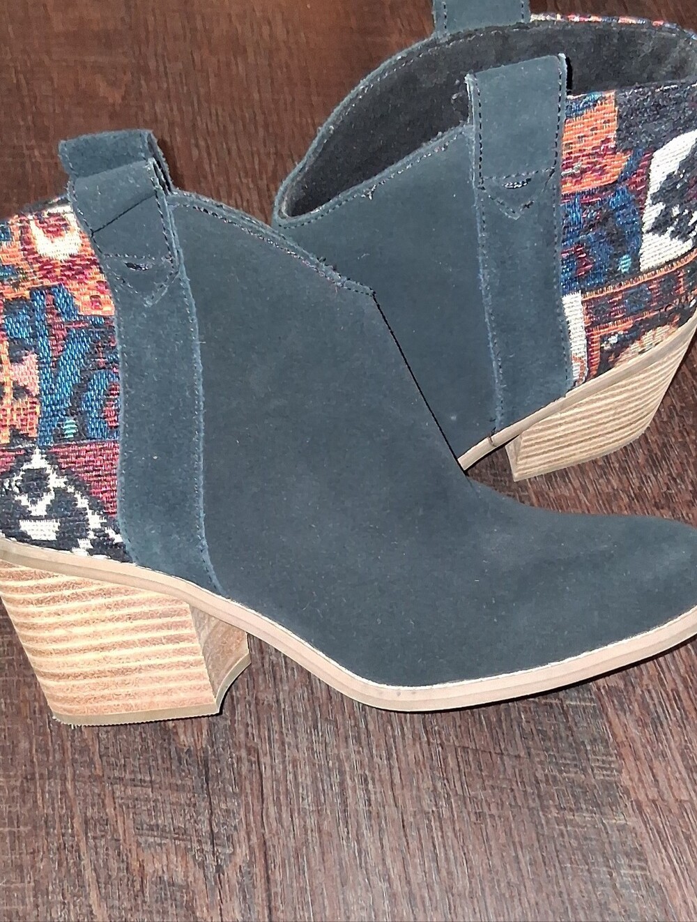 Toms Black Suede Ankle Booties with Multicolor Patterned Heel